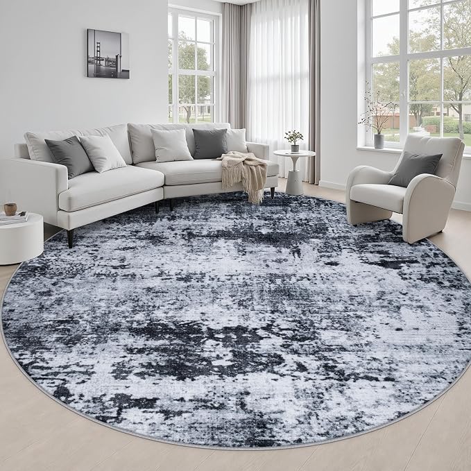 Round Area Rug Living Room: 8 ft Modern Washable Carpet Black | by FXRHLP