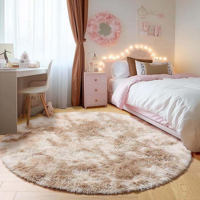 Tie-Dye Beige Round Area Rugs 5ft, Soft Bedroom Circle Rug Floor Mats - Image 6