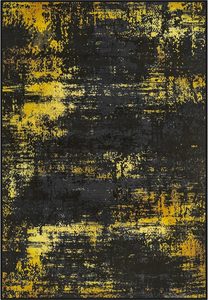 Area Rug Living Room: 6x6 Modern Washable Soft Carpet Black Gold | by FXRHLP