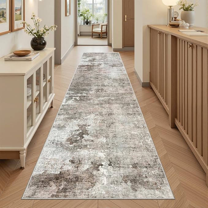 Soalmost Abstract Runner Rug 2x8 Hallway Kitchen Runners Pink/Grey | Vintage - Image 2