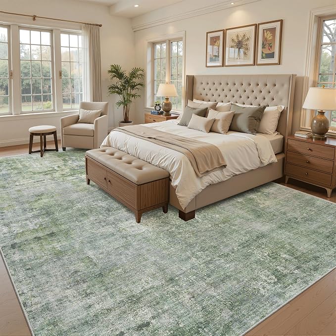 Soalmost 10x12 Area Rugs for Living Room Washable Rug Abstract Green/Ivory | - Image 3