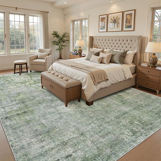 Soalmost 9x12 Area Rugs for Living Room Washable Rug Abstract Green/Ivory | - Image 4