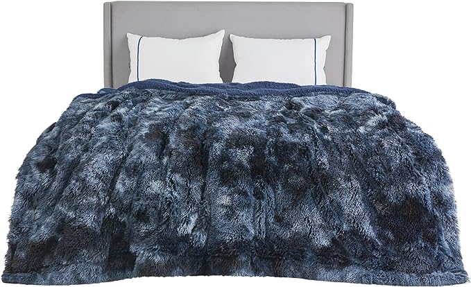 Bedsure GentleSoft Fluffy Tie Dye Navy Blue Blankets Queen Size for Bed, Thick Sherpa Faux Fur Fleece Fuzzy Plush Winter Warm Soft Queen Blankets, Bedroom Decor Blue Cozy Gifts for Women Men, 90x90