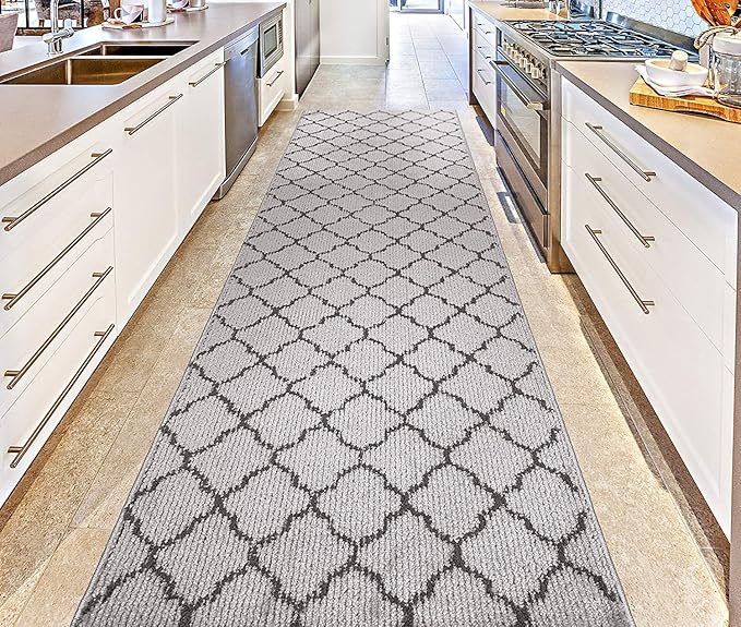 Custom Size Modern Runner Rug Carpet for Hallway Entryway Foyer Kitchen, Slip Resistant Latex Rubber Backed 31 inch Wide X Customized Length, Trellis Grey, 31 inch X 23 feet