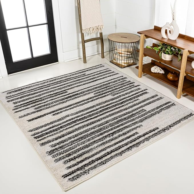 JONATHAN Y Khalil Modern Berber Stripe Cream/Black 8x8 Square Indoor Area Rug by JONATHANY