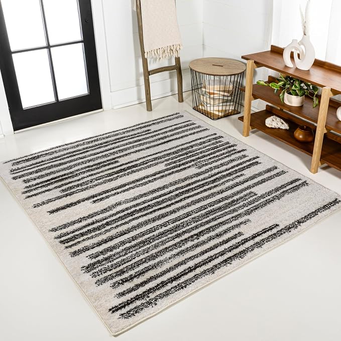JONATHAN Y Khalil Modern Berber Stripe Cream/Black 4x4 Square Indoor Area Rug by JONATHANY
