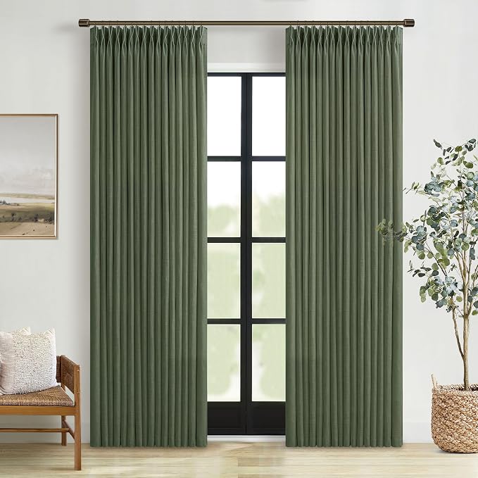 Green Pinch Pleated Linen Light Filter Memory Shape Curtains 90 Inch Long | by Twodrapes