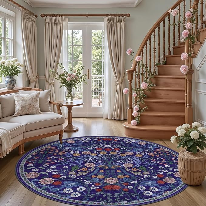 PLHXFR Round Area Rug Living Room: 6 ft Floral Washable Soft Carpet Blue | - Image 2
