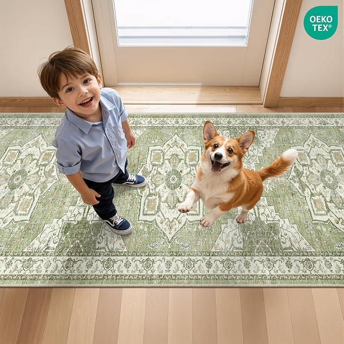 Hallway Runner Rug 2x12 Extra Long Washable Runner, Light Green | Vintage Rug - Image 8