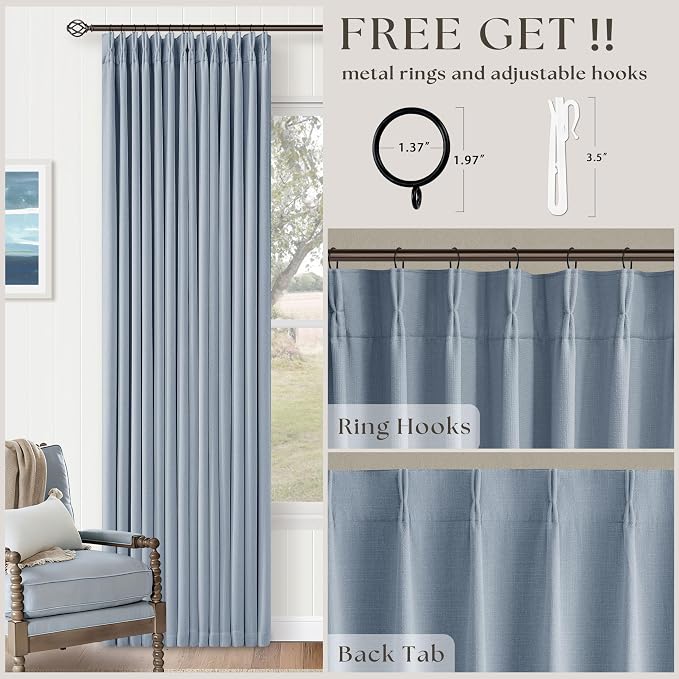 Light Blue Linen Blackout Linen Pleated Dual Layer Curtains 90 Inches Long | - Image 4