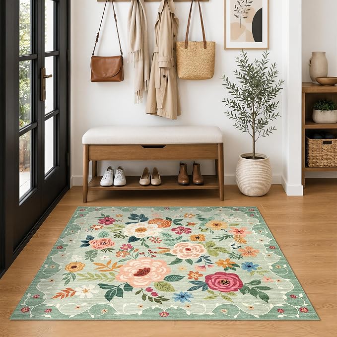 DUKINO 4x4 Square Area Rug, Soft Floral Washable Rug - Image 3