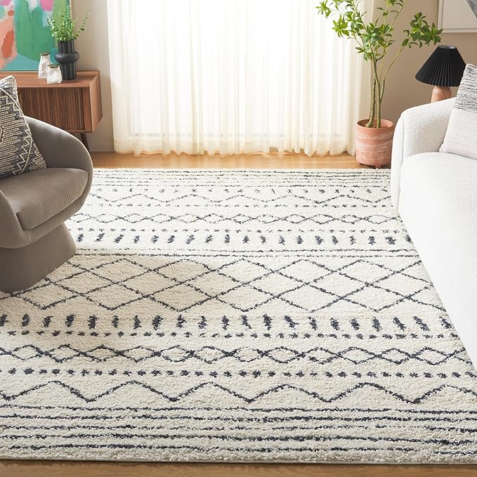 SAFAVIEH Arizona Shag Collection Area Rug - 9' x 12', Ivory & Slate, Moroccan Design, Non-Shedding & Easy Care, 1.6-inch Thick Ideal for High Traffic Areas in Living Room, Bedroom (ASG741M)