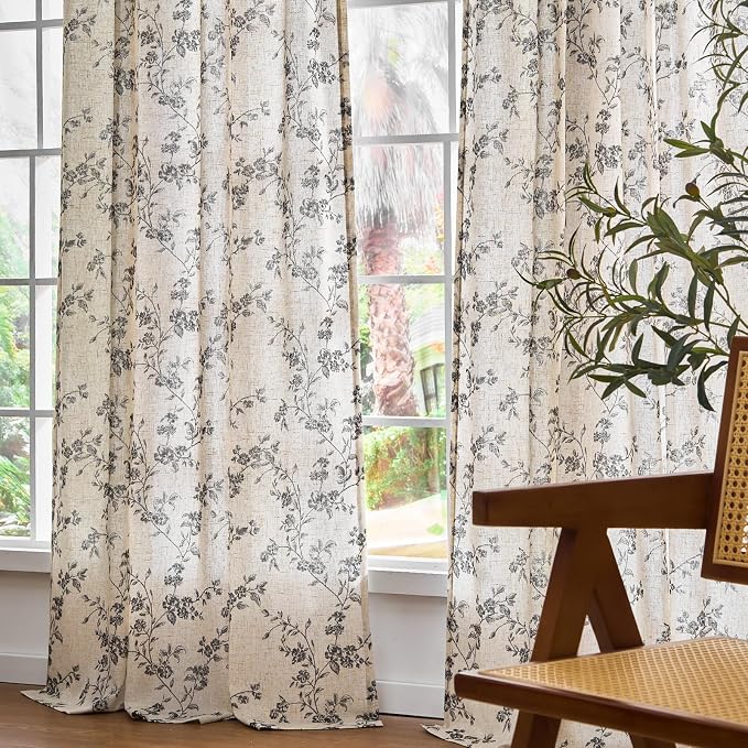 Extra Long Black Vintage Floral Linen Curtains Farmhouse 2 Panels | Elisa Series - Image 7