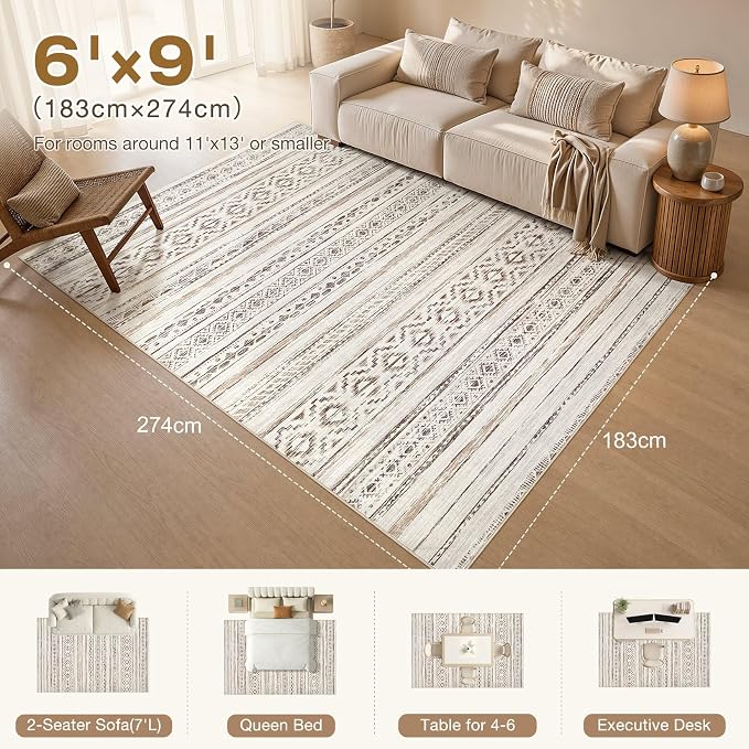 cotiled 6x9 Area Rugs for Living Room: Boho Washable Rug for Dining Room | - Image 2