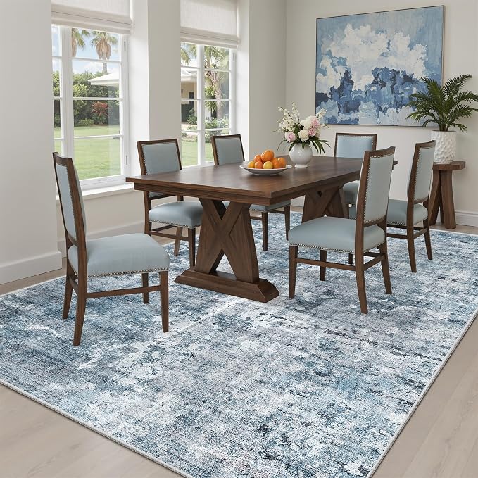 Soalmost Abstract 7x9 Area Rug for Living Room Washable Rugs Blue/Grey | - Image 4