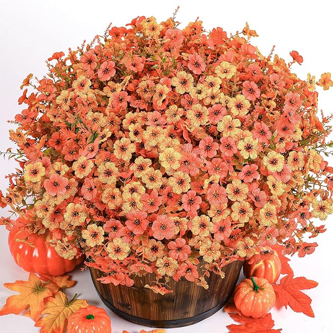 SHareconn 24 Bundles Artificial Fall Flowers for Outdoors Decoration, UV Resistant Silk Eucalyptus Lavender Faux Autumn Fake Plants for Outside Indoor Garden Yard Porch Home Decor, Autumn Orange-Red