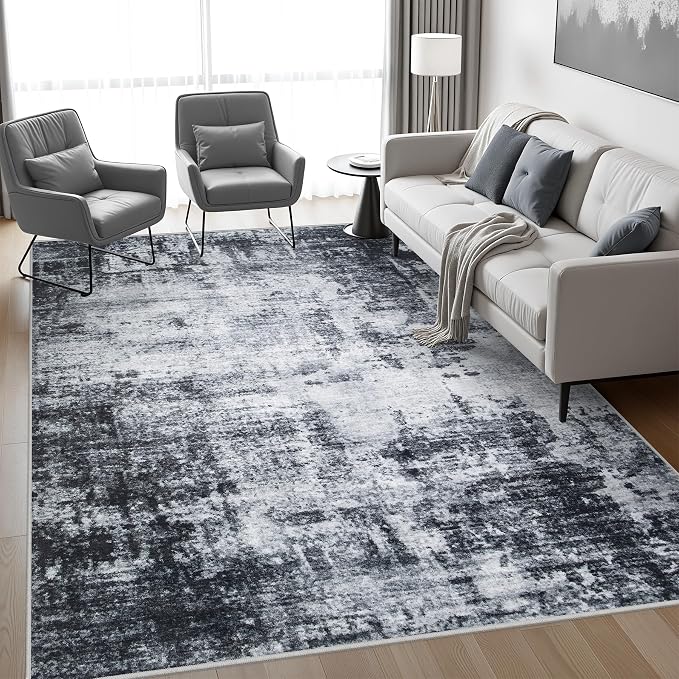 5x7 Area Rug Living Room: Modern Washable Soft Carpet Dark Black | - Image 3