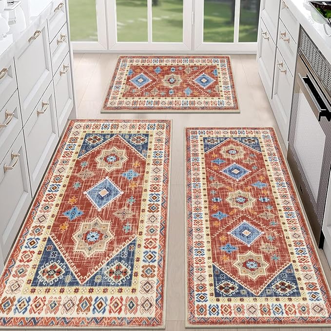 HEBE Boho Kitchen Rugs Set of 3, Non Slip Washable Kitchen Mats by HEBE