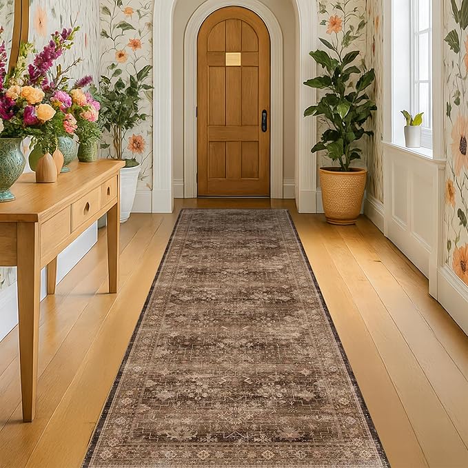 Brown Neutral Boho Washable 3x12 Extra Long Hallway Runner Rug, Waterproof by HazoHaus