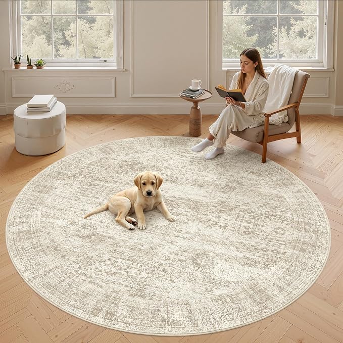 Soalmost Round Rugs 9ft Living Room Circle Area Rug 9x9 Beige Vintage | - Image 9