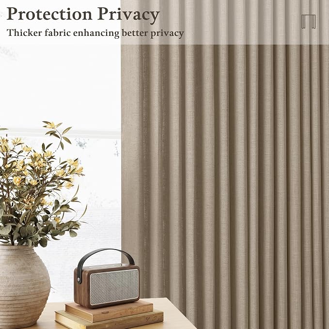 Pinch Pleat 84 Inch Semi Sheer Linen Memory Trained Curtains Camel Tan 50W | - Image 2