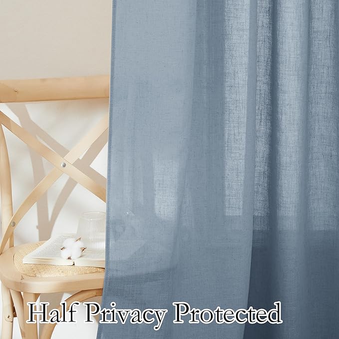 RYB HOME Flax Linen Blend Curtains for Closet Kitchen, Semi Translucent Privacy Protection Light Filtering Decorative Short Small Window Drapes for Bedroom, W 52 x L 36 inches, Dusty Blue, 2 Panels