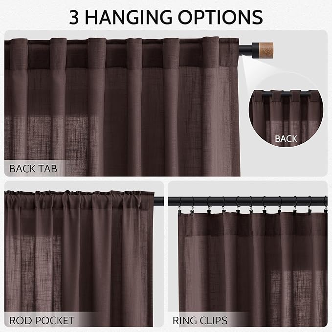Linen Curtains 84 Inch Long, Coffee Brown, 2 Panels 52x84 | Living Room - Image 2