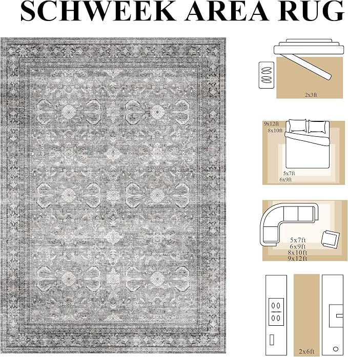 Schweek Grey 5x7 Area Rug for Living Room Washable Vintage Neutral Rugs | Non - Image 2