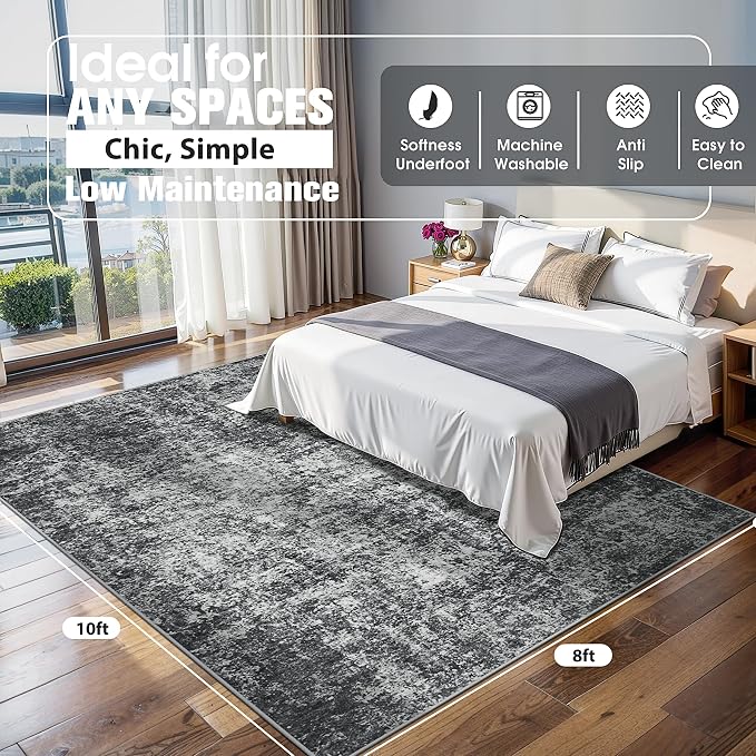 8x10 Area Rugs for Living Room Washable Bedroom Dining Room Black Grey | Modern - Image 2