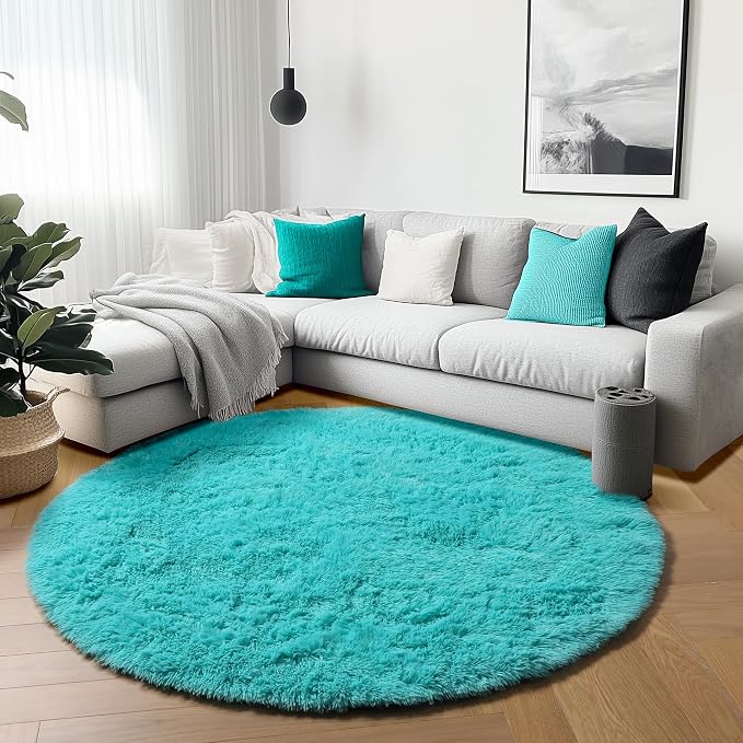 Teal Blue Round Area Rug 4ft, Soft Fluffy Bedroom Bedside Floor Circle Rugs - Image 4
