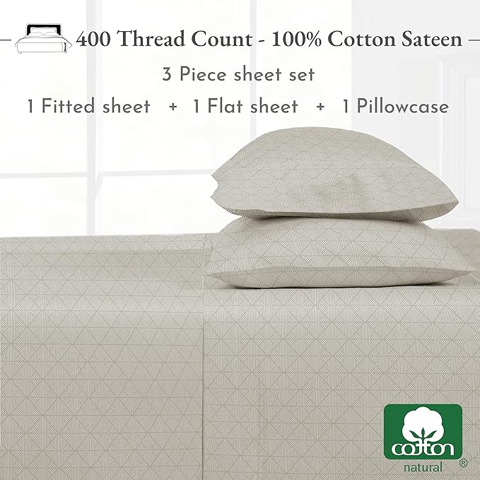 California Design Den Deep Pocket Twin Sheets Set - 400 Thread Count Sateen, Natural 100% Cotton Bed Sheets, Deep Pocket Cooling and Durable Bedding Set - Taupish-Sage Crosshatch