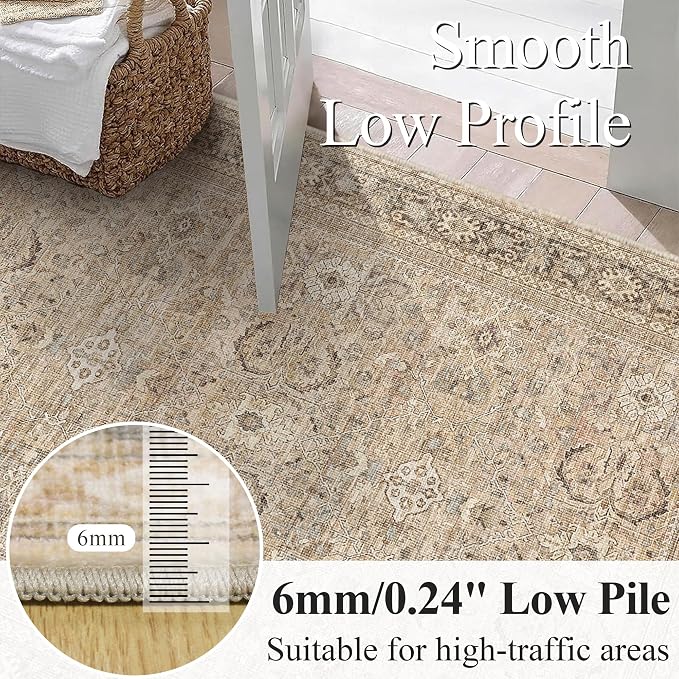 Schweek 8x10 Washable Area Rugs Khaki Vintage Carpet Non Slip - Image 4