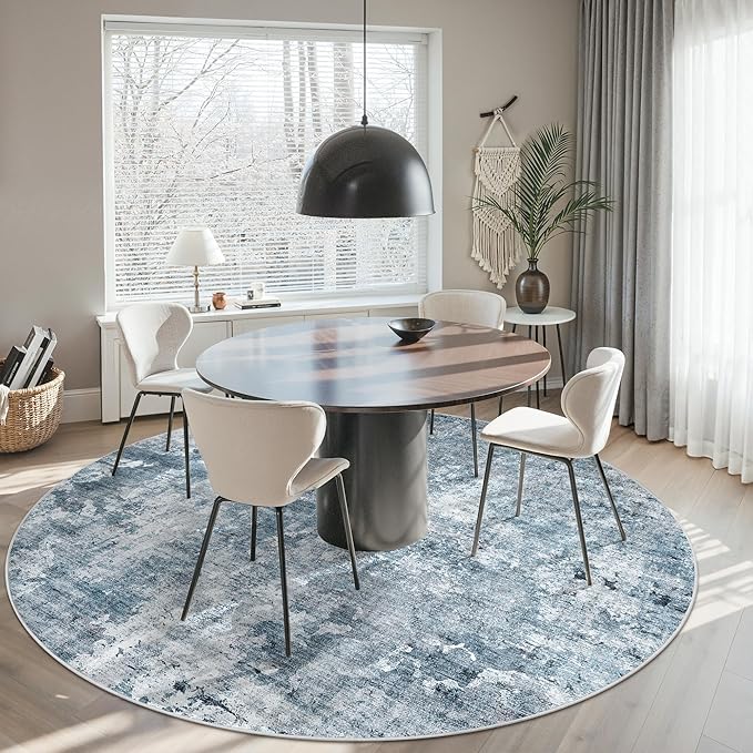 Soalmost Round Rugs 8ft Living Room Circle Area Rug 8x8 Blue/Grey Vintage | - Image 4