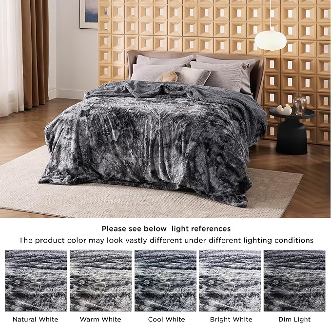 Bedsure GentleSoft Sherpa Fluffy Blanket Queen Size for Bed - Fleece Warm and Cozy for Women Gift, Plush & Fuzzy Faux Fur Christmas Blanket for Couch, Sofa Decor, Tie Dye Design, Grey, 90x90 Inches
