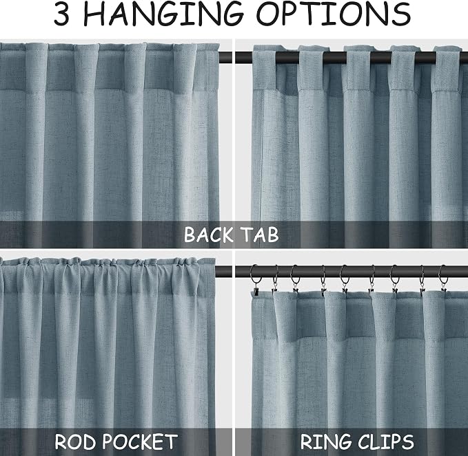 Light Blue Linen Curtains for Living Room Bedroom 100 Inches Long Back Tab Rod - Image 2