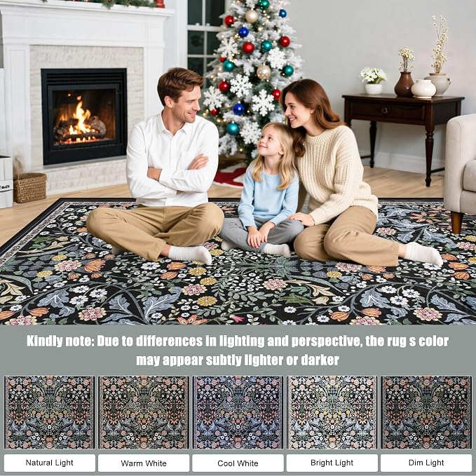 PLHXFR Area Rug Living Room: 5x7 Floral Washable Boho Carpet Dark Black | - Image 9