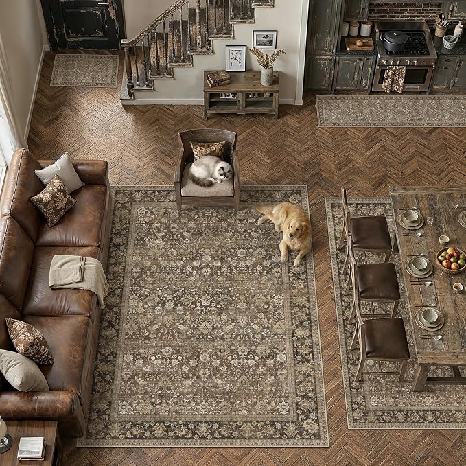5ft Round Brown Vintage Floral Washable Rug - Image 4