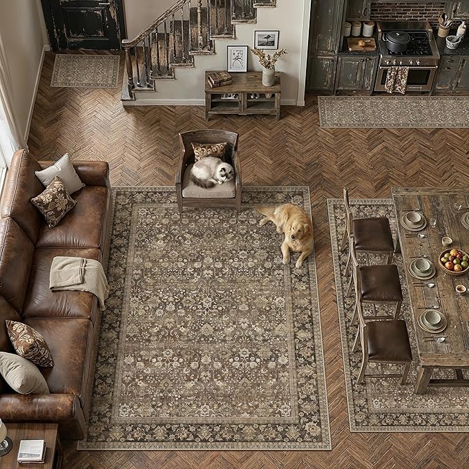 7x9 Brown Vintage Floral Washable Area Rug - Image 4