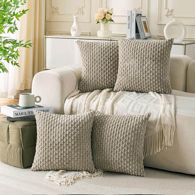 Set of 4 Taupe Decorative Throw Pillow Covers 18x18 Inch Corduroy Pillow Covers by Cozoomy