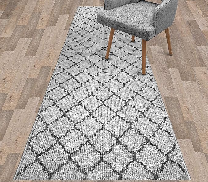 Custom Size Modern Runner Rug Carpet for Hallway Entryway Foyer Kitchen, Slip Resistant Latex Rubber Backed 31 inch Wide X Customized Length, Trellis Grey, 31 inch X 6 feet