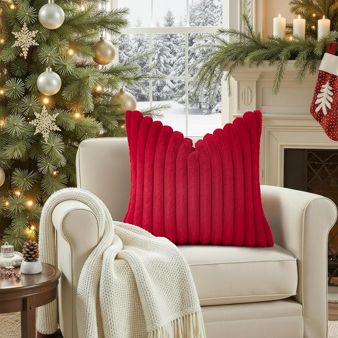 decorUhome Fall Faux Fur Throw Pillow Covers 24x24 Set of 2 Red | Decorative - Image 4