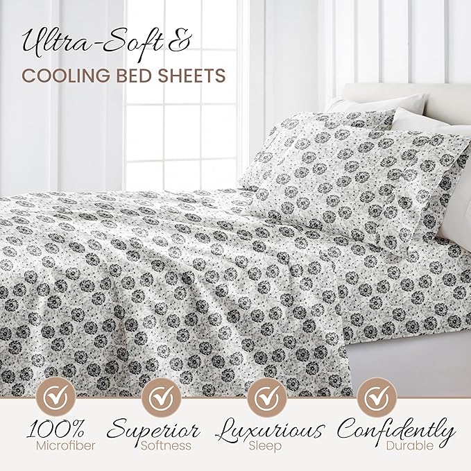 Linen Market Double-Brushed Patterned Microfiber Queen Sheet Set 4 Piece – Oeko-TEX Certified Ultra Soft & Wrinkle-Free - 16" Deep Pocket Sheets - Easy Care Queen Size - Make a Wish Light Gray