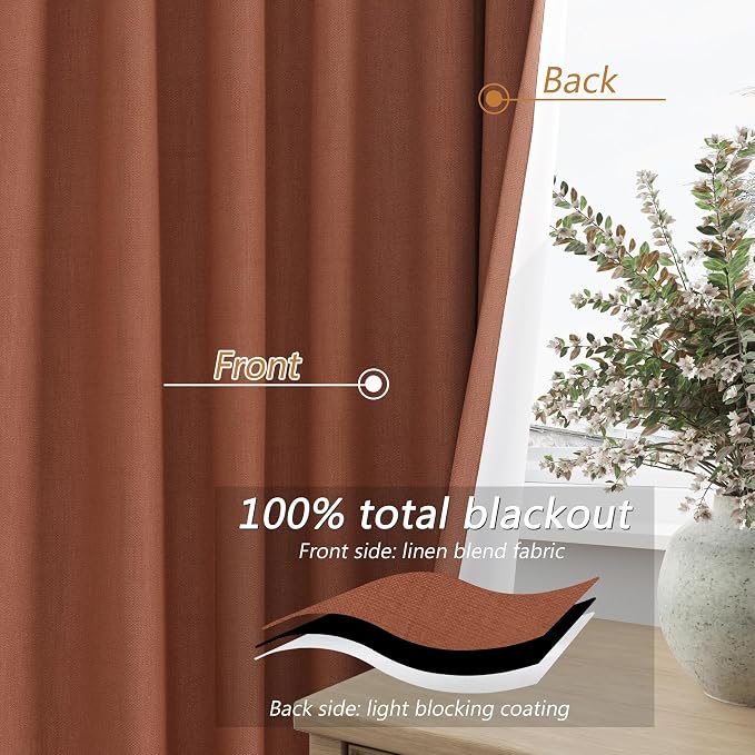 Terracotta 100% Blackout Linen Curtains 102 Inch Length 2 Panels Set Fall - Image 5