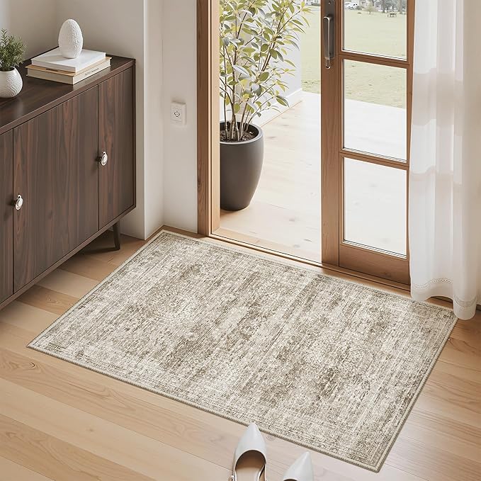 Soalmost 2x3 Washable Rugs for Kitchen, Small Area Rug Brown | Non-Slip Vintage - Image 2