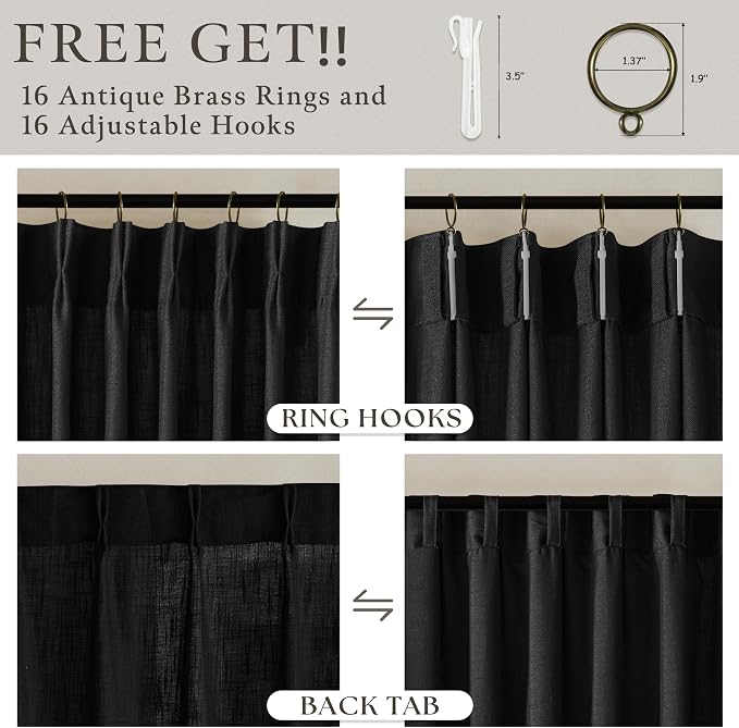Black Linen Pleated Memory Shaped Semi Sheer Privacy Curtains 102 Inch Long | - Image 5