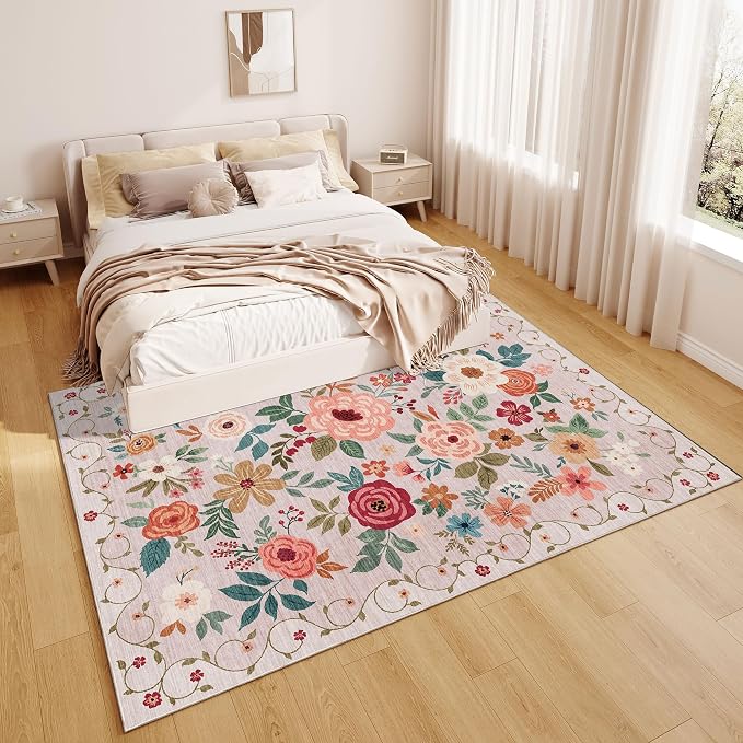 DUKINO 9x12 Area Rug for Living Room, Floral Washable Rug Non Slip, Low Pile - Image 7