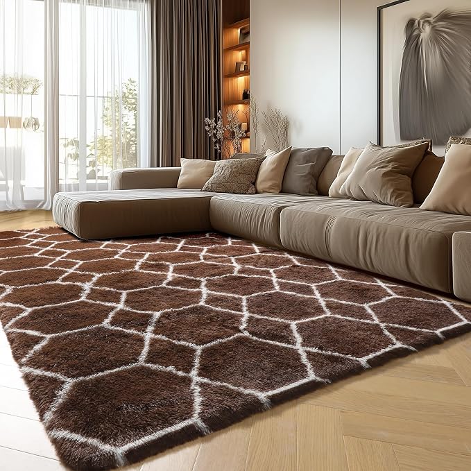 5x7 Area Rugs for Living Room Bedroom, Fluffy Brown and White Geometric Rug | - Image 9