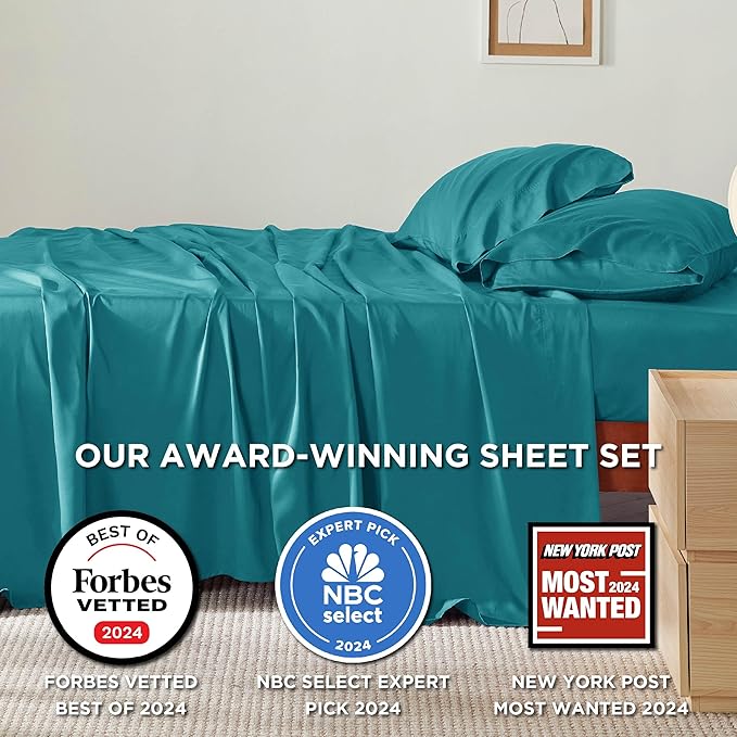 Bedsure King Size Sheets Set, Cooling Sheets for Hot Sleepers, Rayon Derived from Bamboo, Breathable & Soft, Deep Pocket Up to 16 Inches, Hotel Luxury Silky Bedding, Turquoise