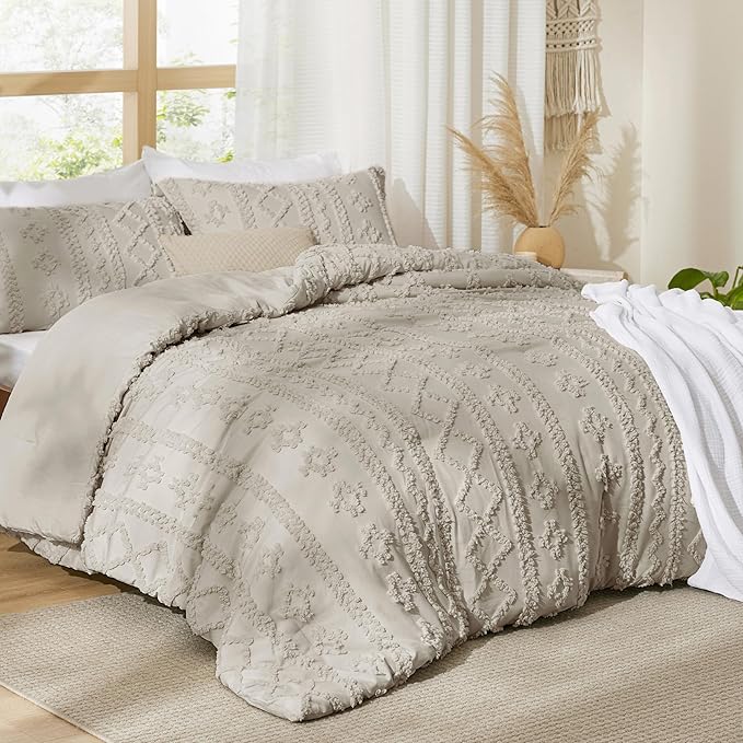Bedsure Tufted Boho Comforter Set Oversized King - Linen Boho Bed Set, GentleSoft™ 3 Pieces Farmhouse Shabby Chic Embroidery Bedding, Gifts for Woman, Soft Jacquard Comforter for All Seasons