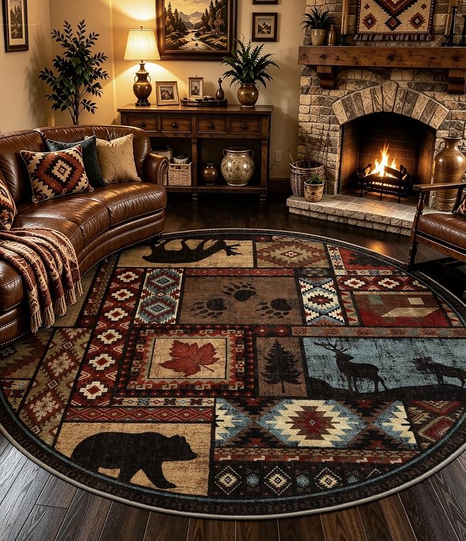 Rustic Round Rug 6ft, Washable Circle Area Rug by YIHOUSE